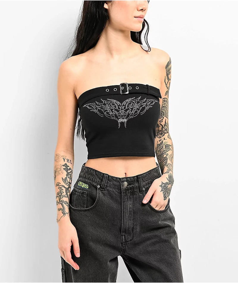 SWIXXZ Rhinestone Black Buckle Tube Top