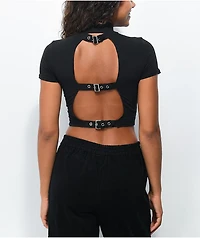 SWIXXZ Best Wishes Buckle Black Mock Neck Crop Top