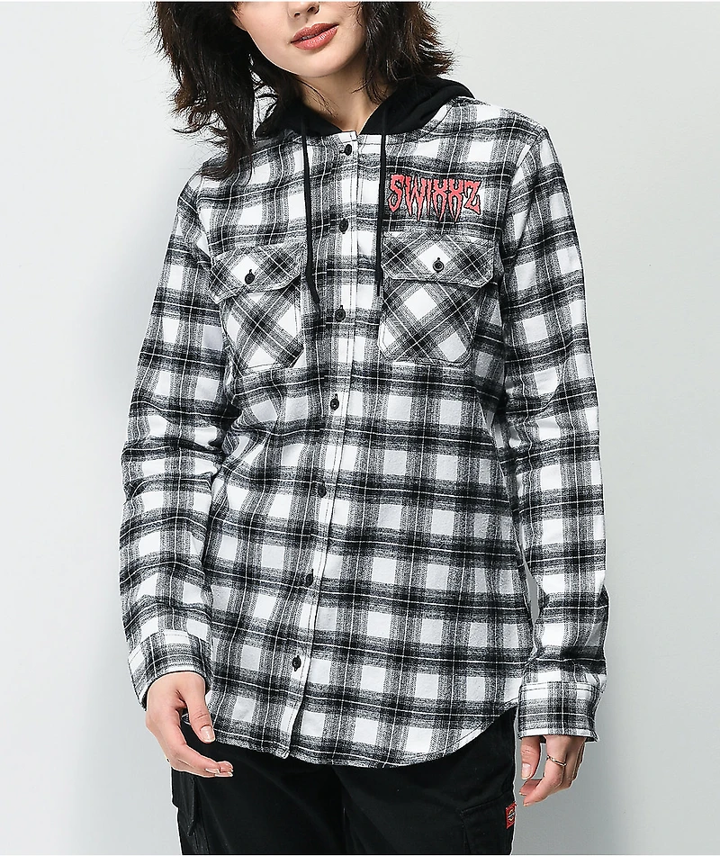 SWIXXZ Chrome Skeleton Plaid Black & White Hooded Flannel Shirt