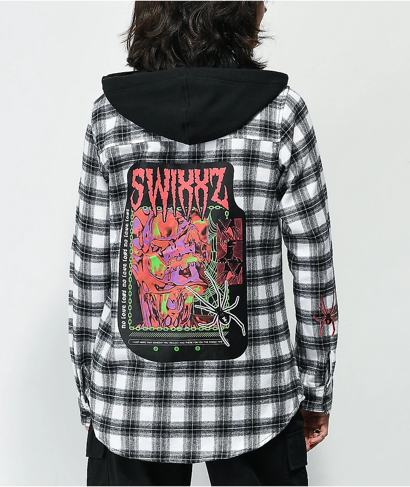 SWIXXZ Chrome Skeleton Plaid Black & White Hooded Flannel Shirt