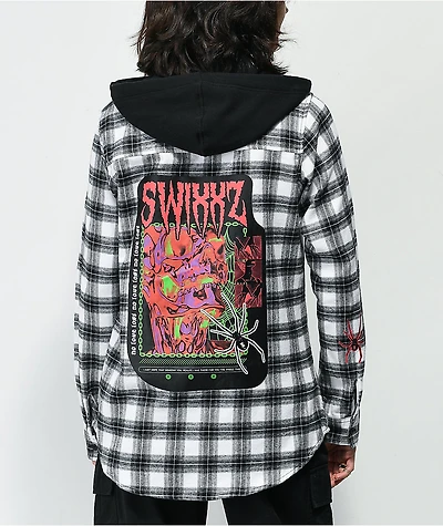 SWIXXZ Chrome Skeleton Plaid Black & White Hooded Flannel Shirt
