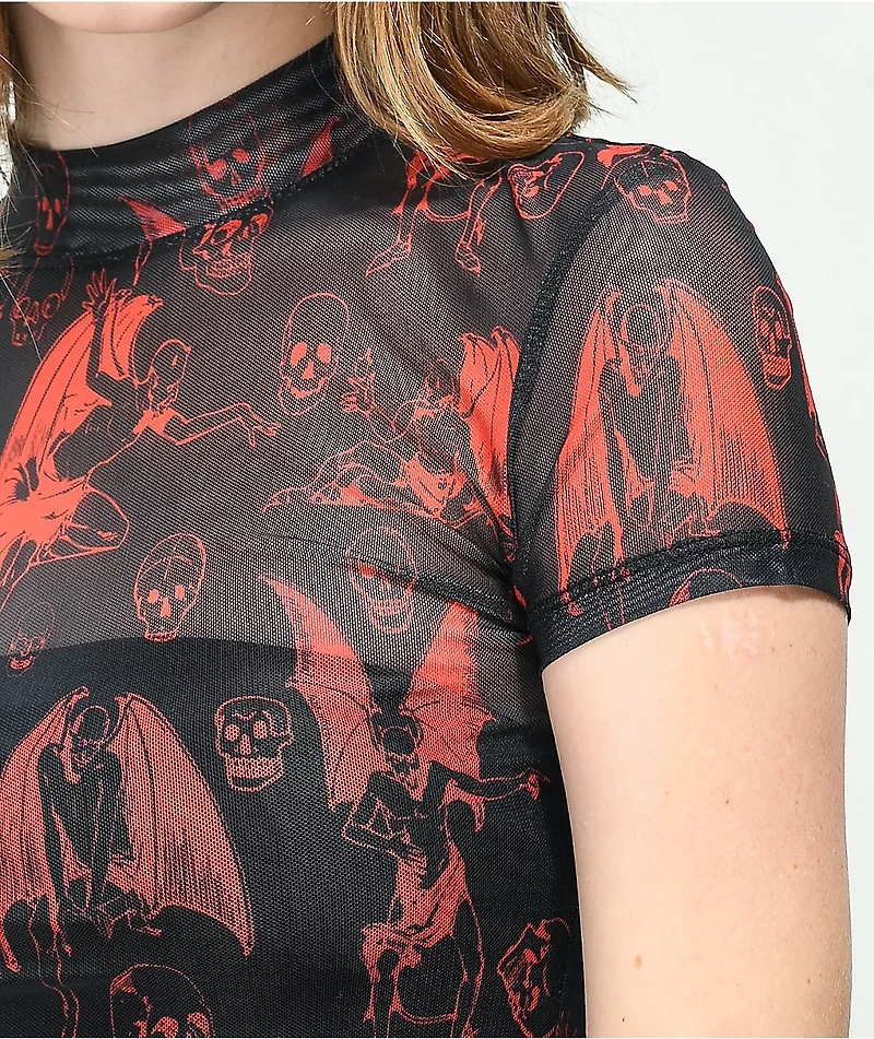 SWIXXZ Gargoyle Skull Black & Red Mesh Top