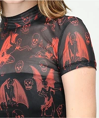 SWIXXZ Gargoyle Skull Black & Red Mesh Top