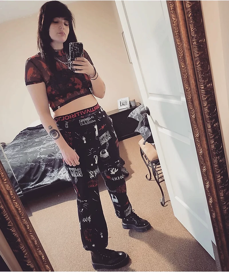 SWIXXZ Gargoyle Skull Black & Red Mesh Top