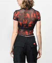 SWIXXZ Gargoyle Skull Black & Red Mesh Top