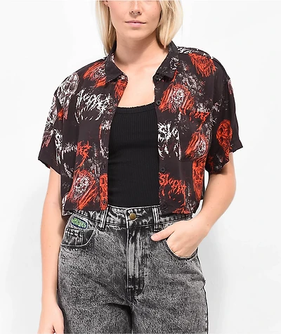 SWIXXZ Monster Pattern Black Crop Button Up Shirt