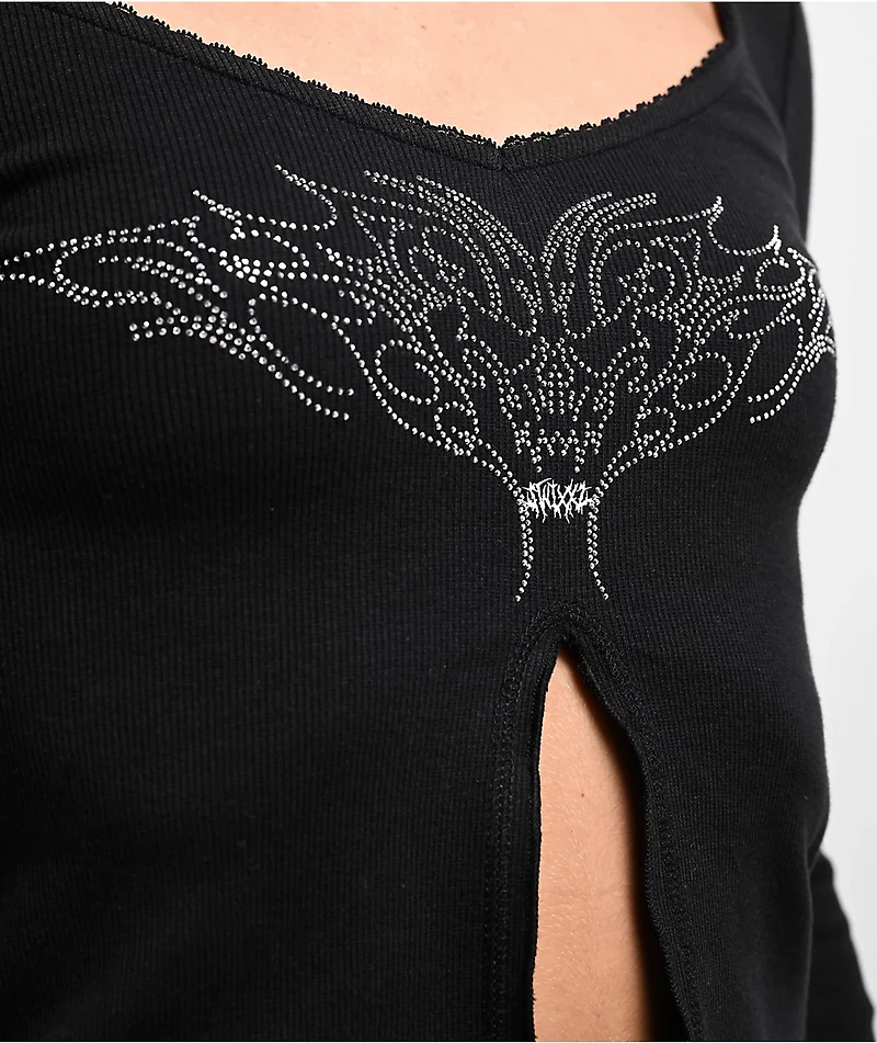 SWIXXZ Rhinestone Flyaway Black Long Sleeve T-Shirt