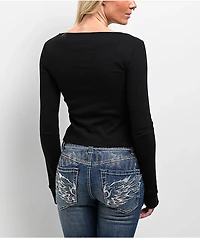 SWIXXZ Rhinestone Flyaway Black Long Sleeve T-Shirt