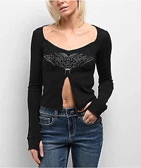 SWIXXZ Rhinestone Flyaway Black Long Sleeve T-Shirt