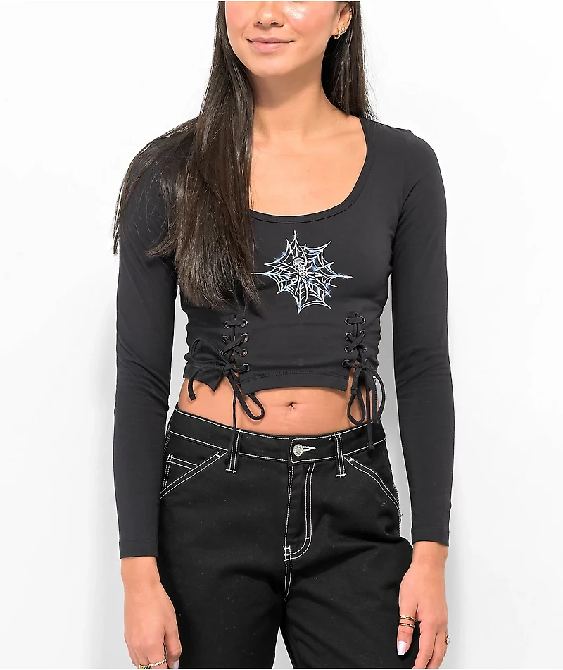 SWIXXZ Spider Lace Up Black Long Sleeve Crop T-Shirt