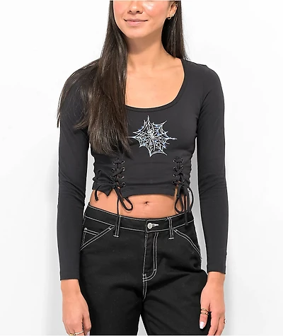 SWIXXZ Spider Lace Up Black Long Sleeve Crop T-Shirt