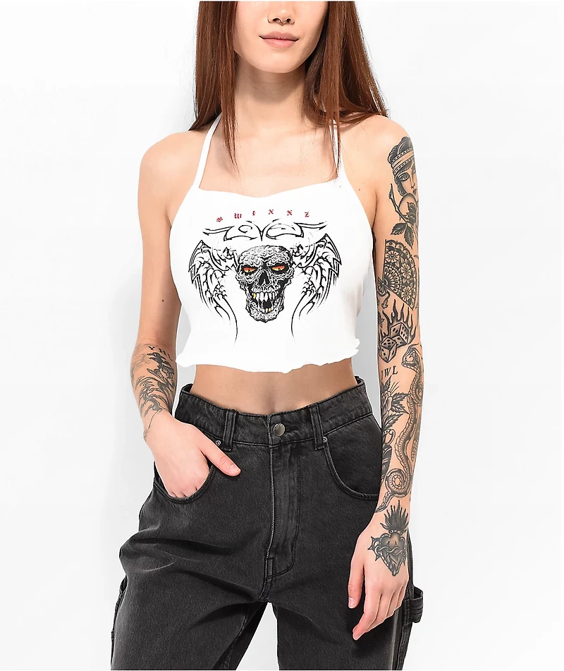 SWIXXZ Wing Skull White Halter Top