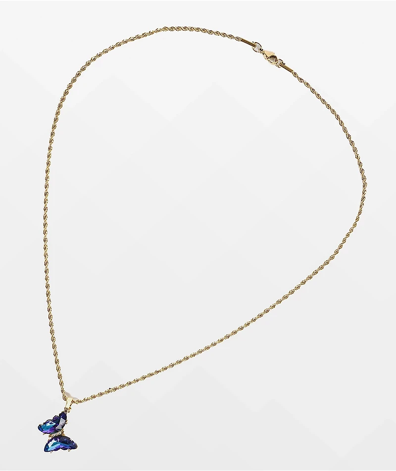 Saint Midas Blue Gem Butterfly 18" Gold Chain Necklace