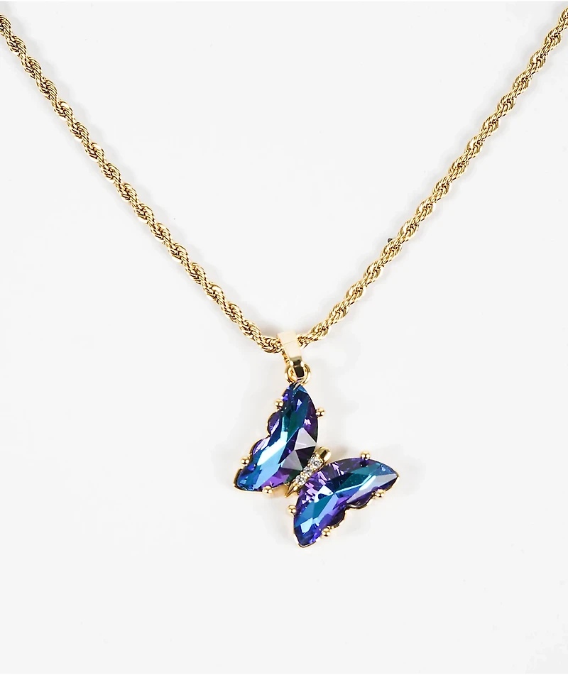 Saint Midas Blue Gem Butterfly 18" Gold Chain Necklace