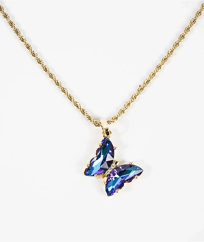 Saint Midas Blue Gem Butterfly 18" Gold Chain Necklace