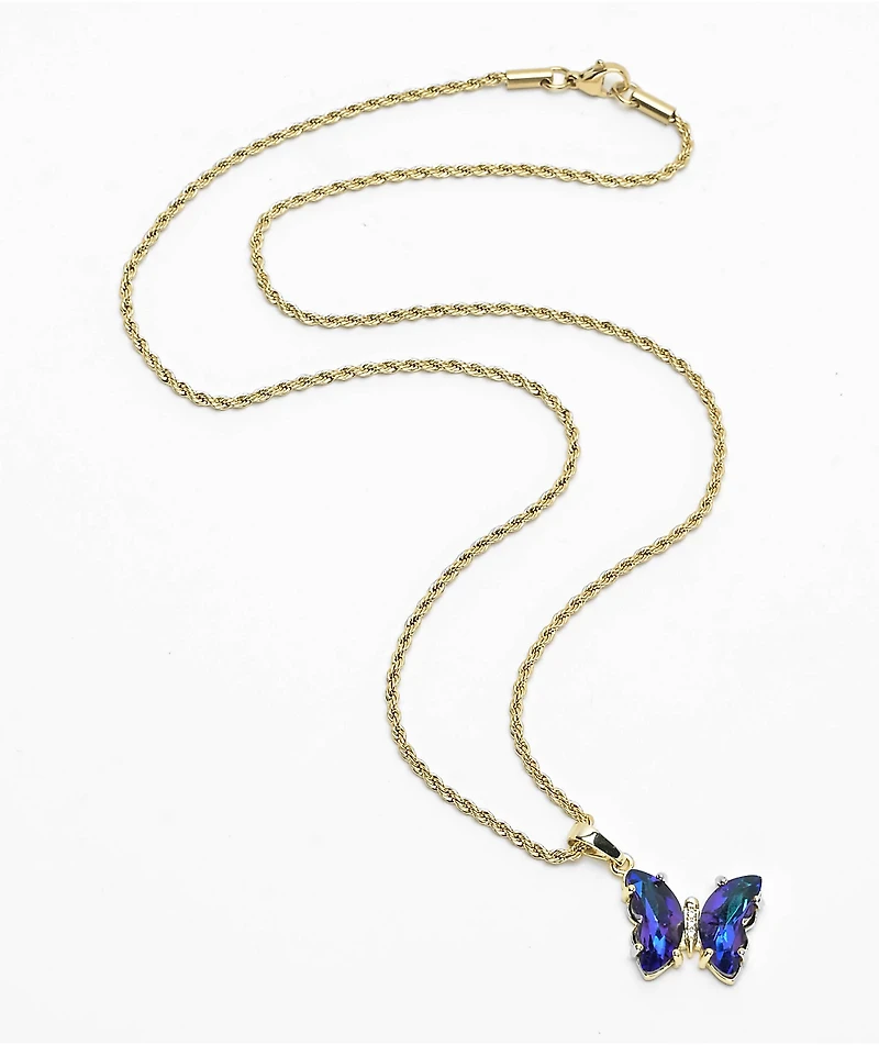 Saint Midas Blue Gem Butterfly 18" Gold Chain Necklace