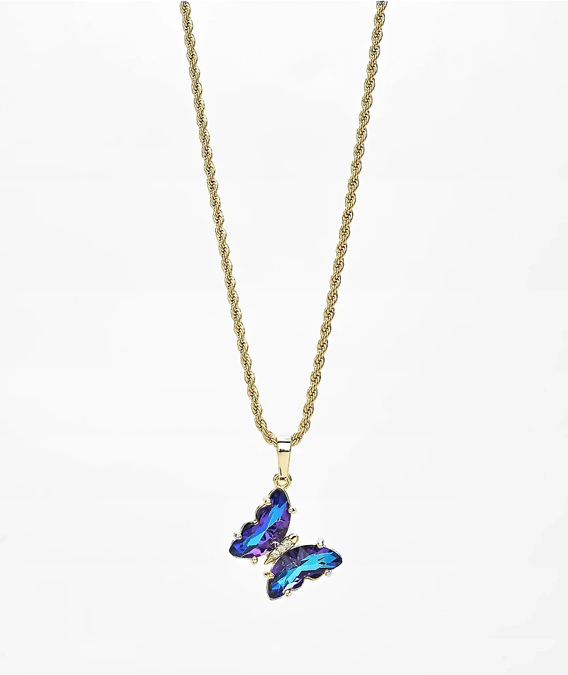 Saint Midas Blue Gem Butterfly 18" Gold Chain Necklace