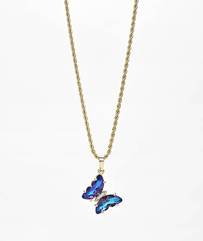 Saint Midas Blue Gem Butterfly 18" Gold Chain Necklace