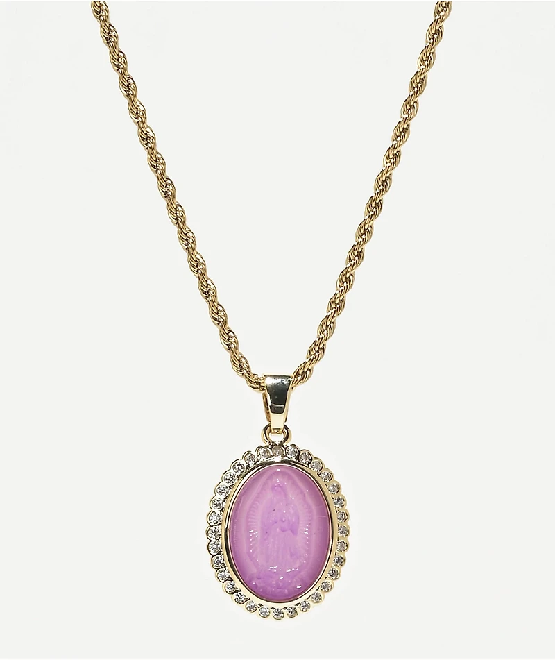 Saint Midas Crystal Guadalupe Purple 20" Gold Chain Necklace