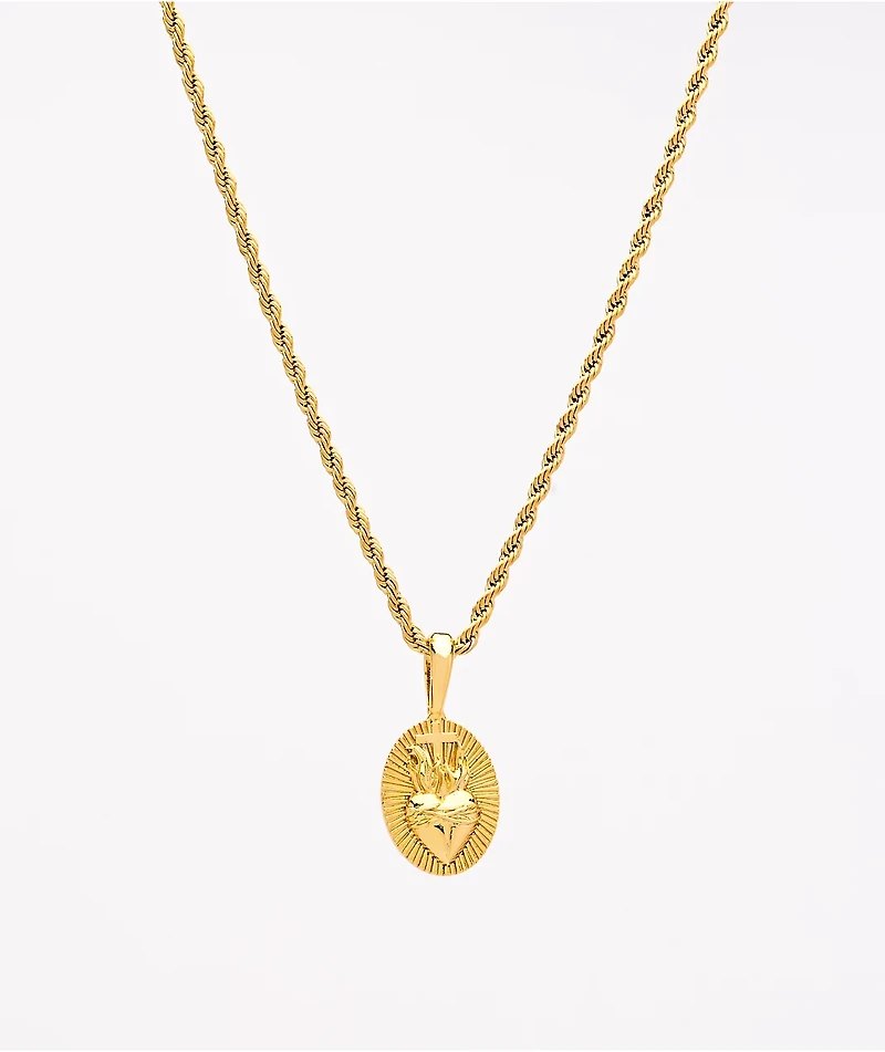 Saint Midas Heart Circle Yellow Gold 20" Rope Chain Necklace