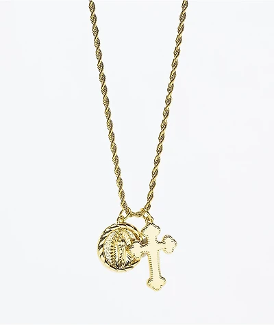 Saint Midas Mary & Cross 20" Gold Rope Chain Necklace