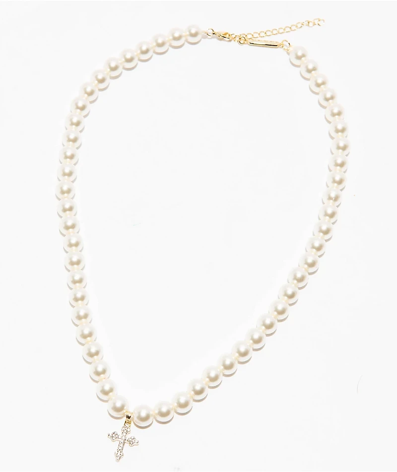 Saint Midas Pearl Chain 18" Diamond Cross Necklace