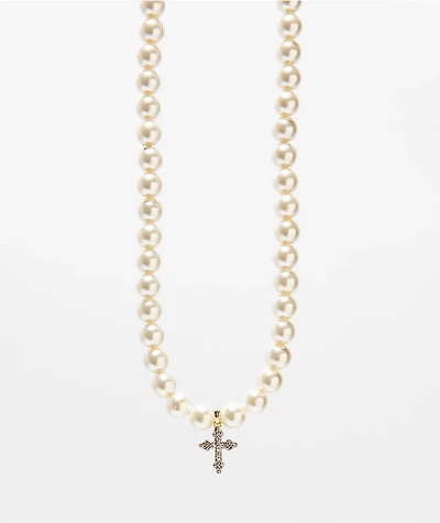 Saint Midas Pearl Chain 18" Diamond Cross Necklace