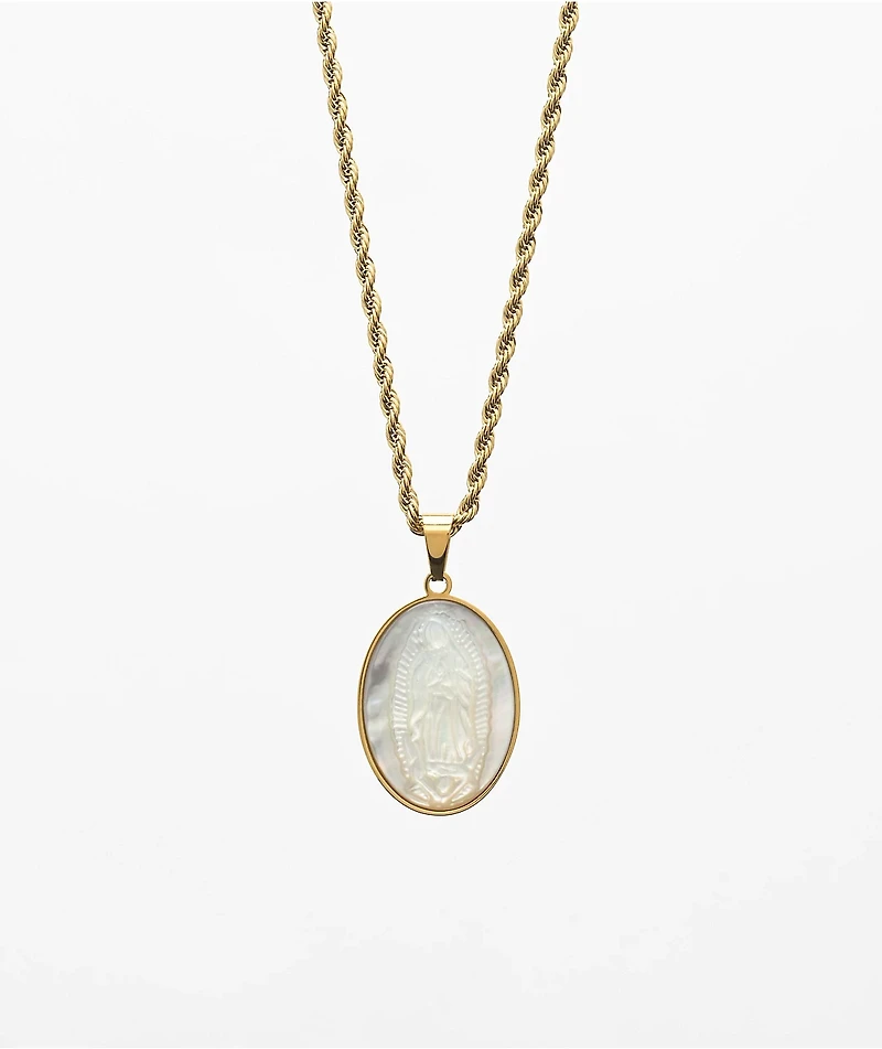 Saint Midas Pearlescent Mother Mary 20" Gold Chain Necklace