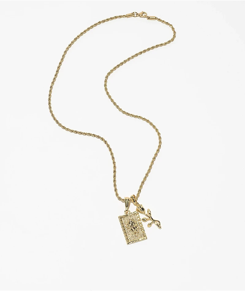 Saint Midas Square & Micro Rose Pendant  20" Gold Chain Necklace