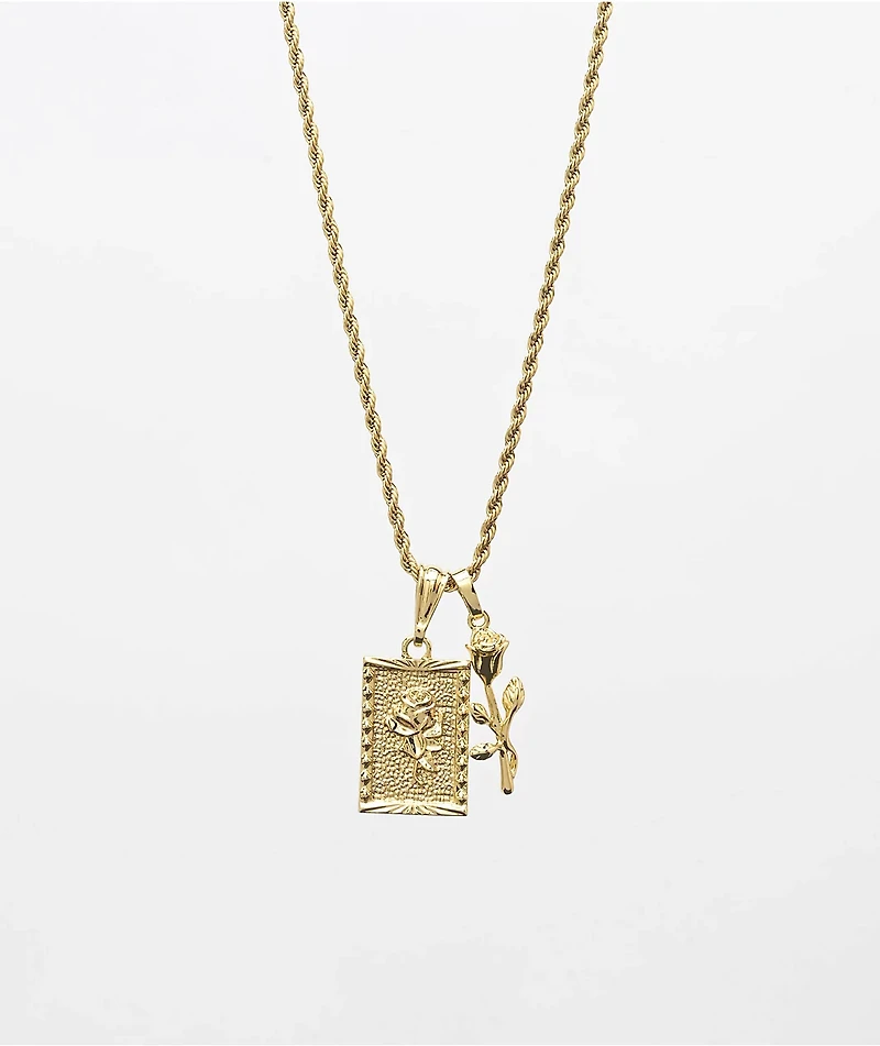 Saint Midas Square & Micro Rose Pendant  20" Gold Chain Necklace