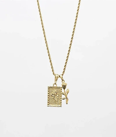 Saint Midas Square & Micro Rose Pendant  20" Gold Chain Necklace