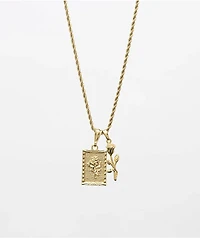 Saint Midas Square & Micro Rose Pendant  20" Gold Chain Necklace