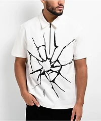 Salem7 Broken Glass White Half Zip Short Sleeve Canvas Shirt