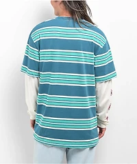 Salem7 Flower Power Blue Stripe 2Fer Long Sleeve T-Shirt