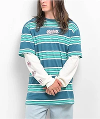 Salem7 Flower Power Blue Stripe 2Fer Long Sleeve T-Shirt
