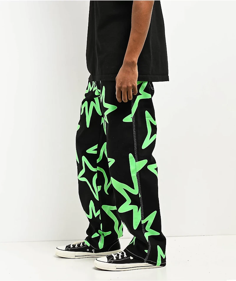 Salem7 Neon Star Black & Green Denim Jeans
