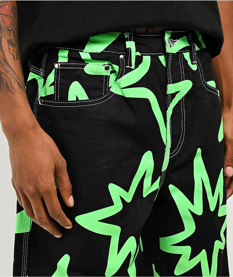 Salem7 Neon Star Black & Green Denim Jeans