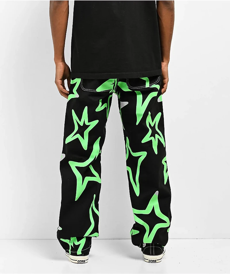 Salem7 Neon Star Black & Green Denim Jeans