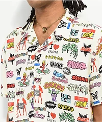 Salem7 Sticker Natural Short Sleeve Button Up Shirt