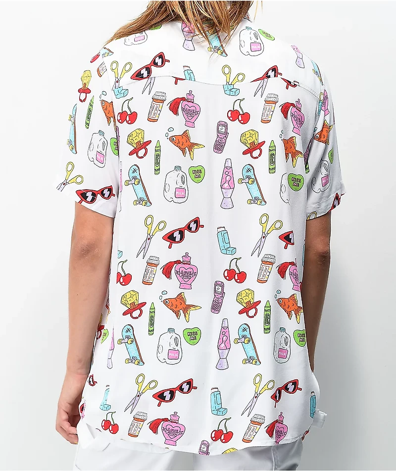 Salem7 Sticker White Short Sleeve Button Up Shirt