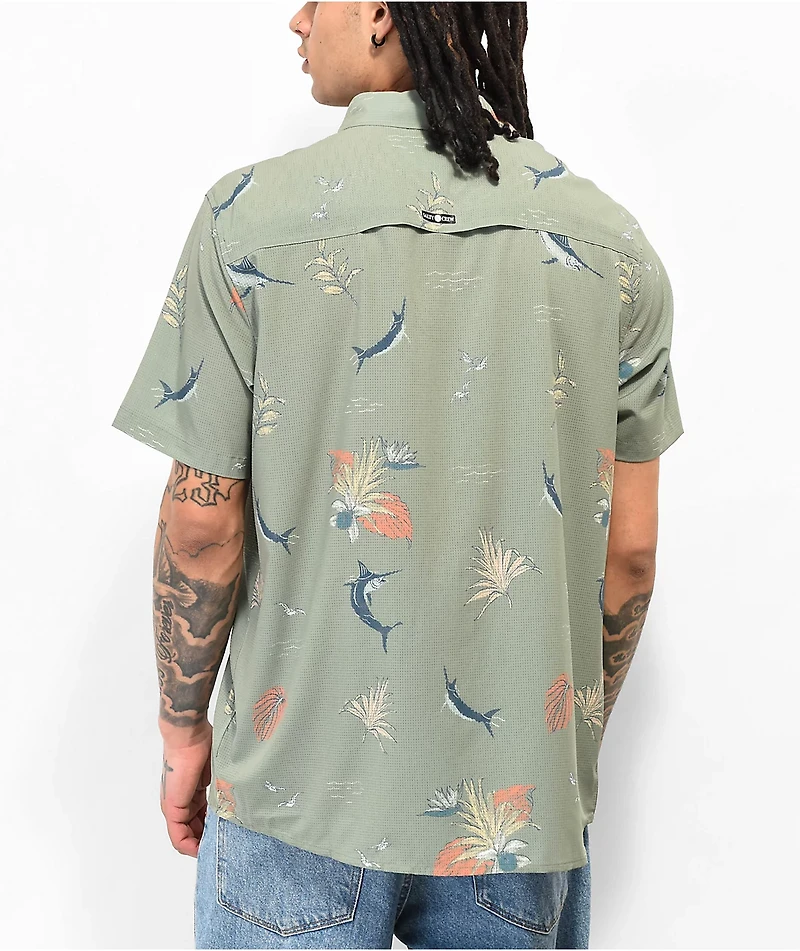 Salty Crew Ernesto Green Perforated Woven Short Sleeve Button Up Shirt