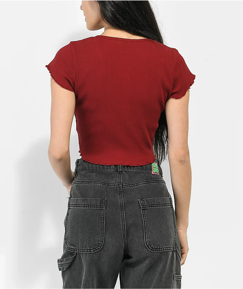 Santa Cruz Blocker Dot Sangria Button Front Crop Top