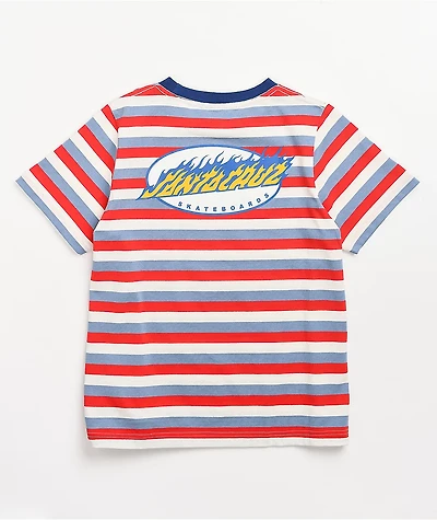 Santa Cruz Oval Flame Dot Blue, Red & White Stripe T-Shirt