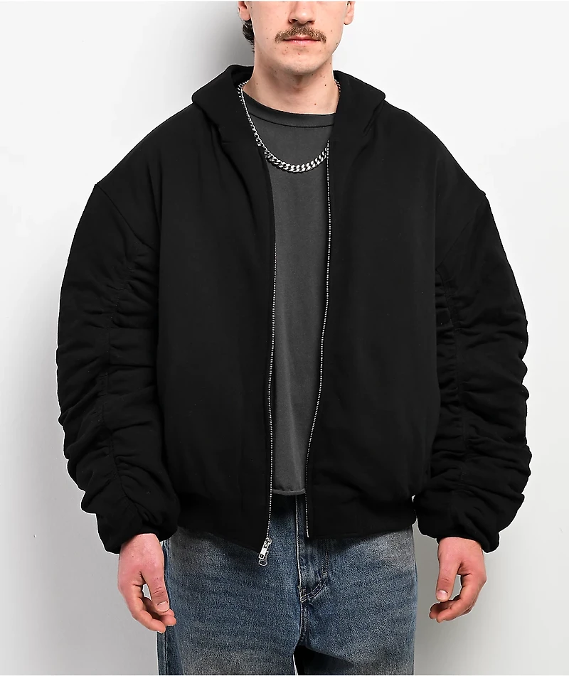 Shaka Wear Fleece Black Hooded Crop Bomber Jacket