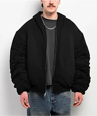 Shaka Wear Fleece Black Hooded Crop Bomber Jacket