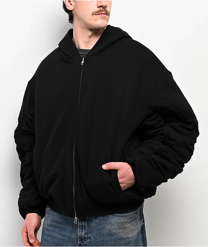 Shaka Wear Fleece Black Hooded Crop Bomber Jacket