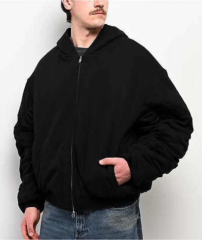 Shaka Wear Fleece Black Hooded Crop Bomber Jacket