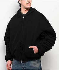 Shaka Wear Fleece Black Hooded Crop Bomber Jacket
