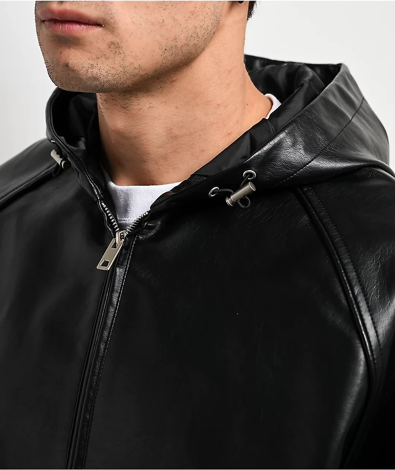 Shaka Wear Patent Leather Black Hooded Bomber Jacket