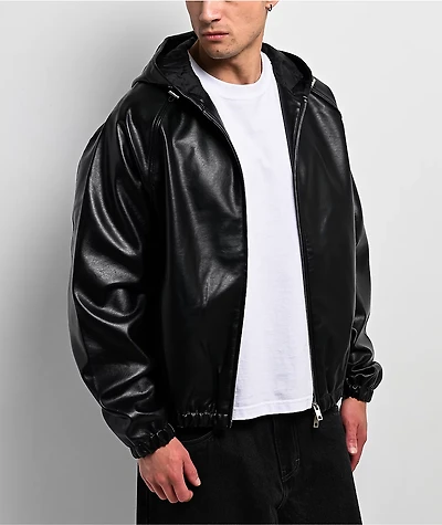 Shaka Wear Patent Leather Black Hooded Bomber Jacket